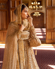 Royal Gold Pakistani Bridal Dress in Pishwas Lehenga Style