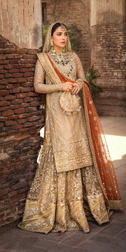 Royal Golden Gharara Kameez Dupatta Pakistani Wedding Dress