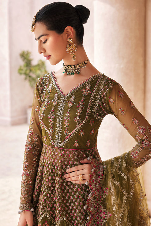 Green Pakistani Wedding Dress In Pishwas Frock Style Nameera By Farooq 