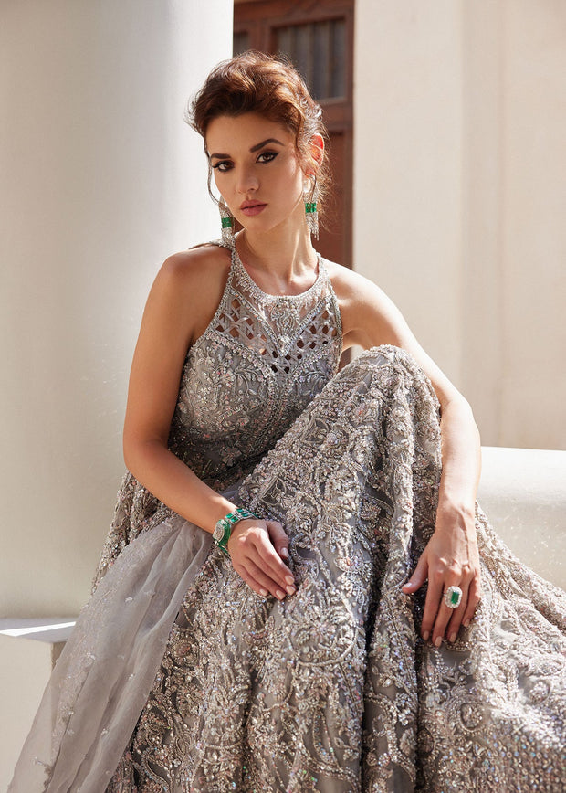 Royal Grey Pakistani Bridal Gown and Dupatta Wedding Dress