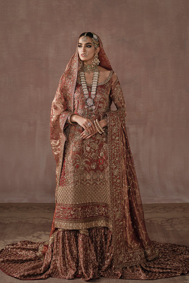 Royal Heavily Embellished Pakistani Bridal Dress Red Gold Farshi Gharara