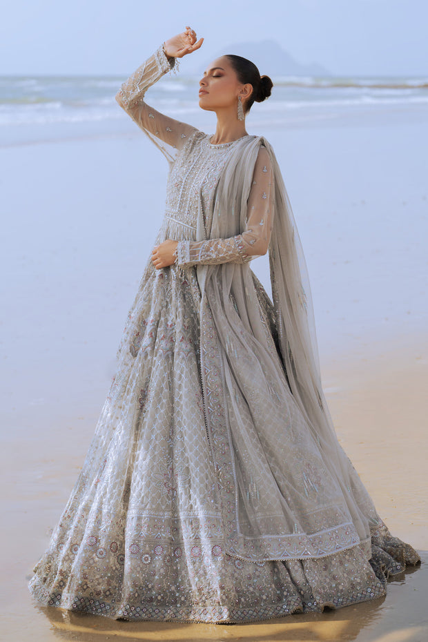 Royal Heavily Embellished Silver Pakistani Wedding Dress Pishwas