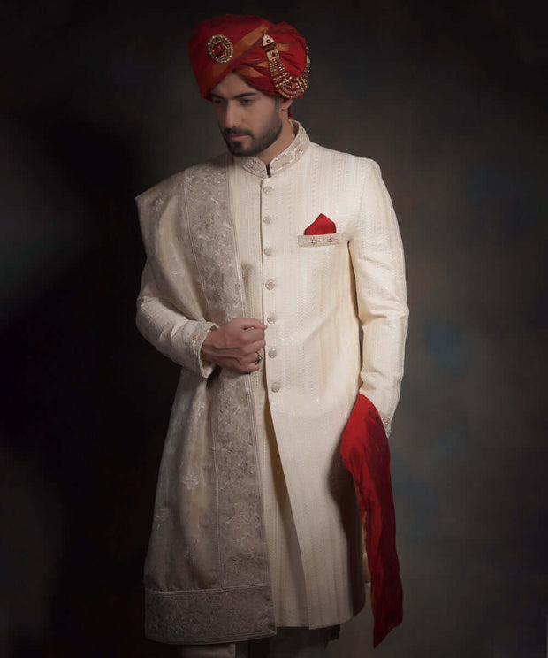 Royal Ivory Form Fitted Raw Silk Pakistani Groom Sherwani