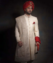 Royal Ivory Gold Form Fitted Raw Pakistani Groom Sherwani