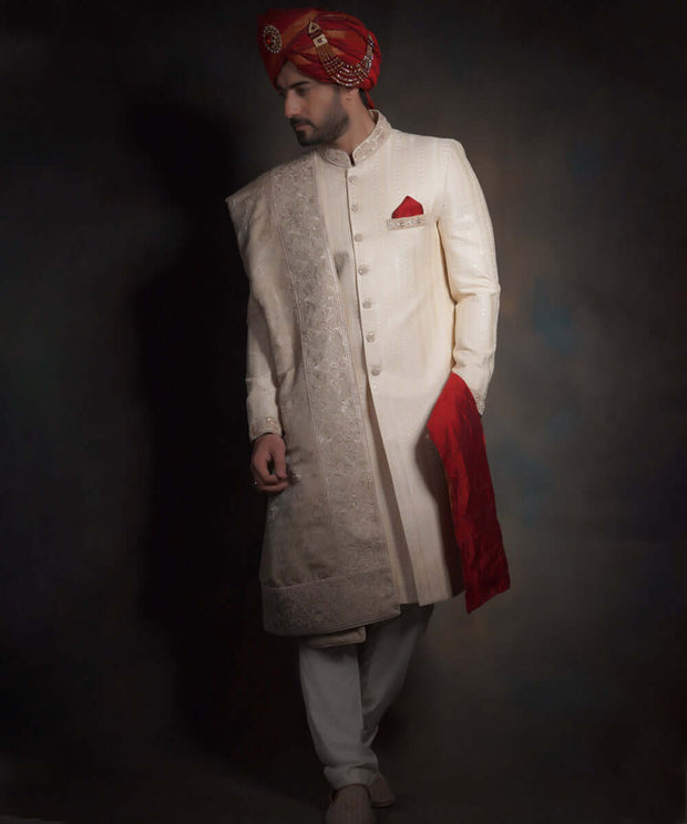 Royal Ivory Gold Form Fitted Silk Pakistani Groom Sherwani