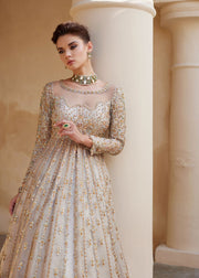 Royal Ivory Pakistani Bridal Dress in Lehenga and Gown Style