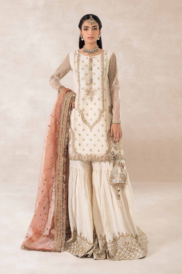 Royal Ivory Pakistani Party Wear Embroidered Kameez Gharara Pink Dupatta