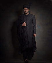 Royal Jet Black Heavily Thread Embroidered Pakistani Groom Sherwani