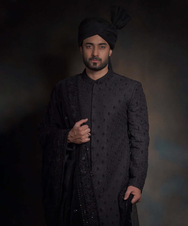 Royal Jet Black Heavily Thread Pakistani Groom Sherwani