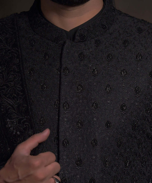 Royal Jet Black Thread Embroidered Pakistani Groom Sherwani