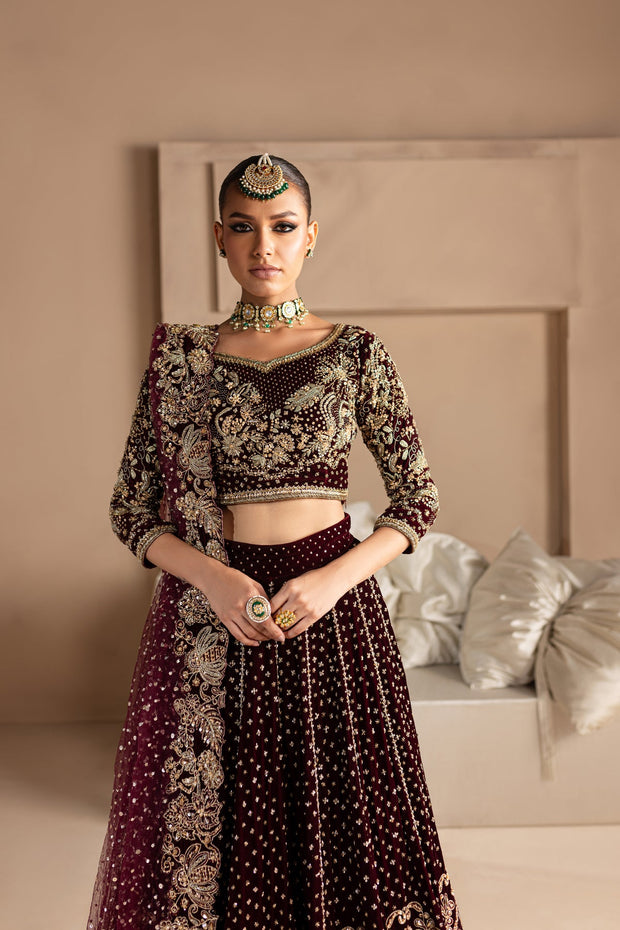 Royal Maroon Bridal Lehenga and Choli Pakistani Dress Nameera by Farooq