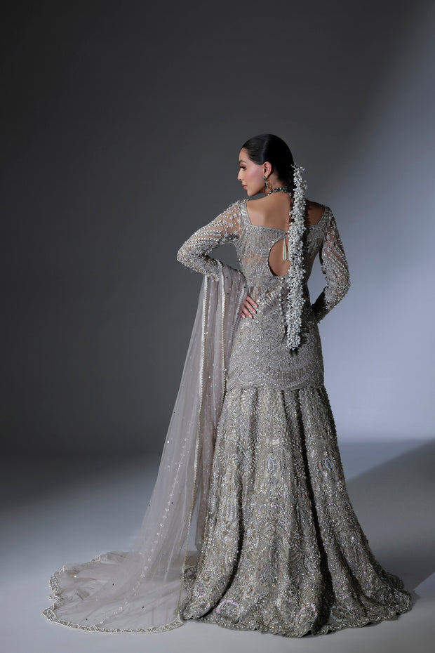 Royal Net Pakistani Bridal Dress in Grey Lehenga Shirt Style