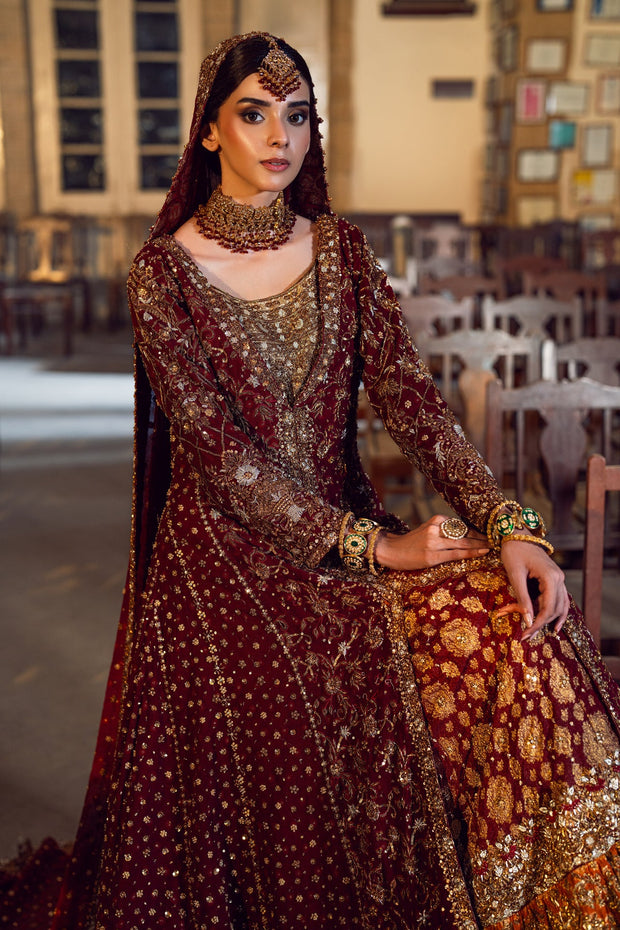 Royal Open Pishwas Lehenga and Dupatta Pakistani Bridal Dress