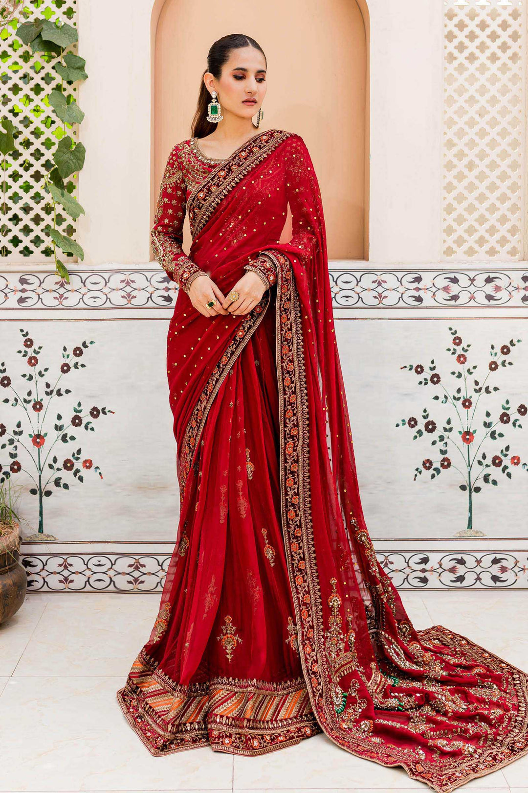 Royal Pakistani Bridal Dress in Deep Red Saree Style Nameera by Farooq