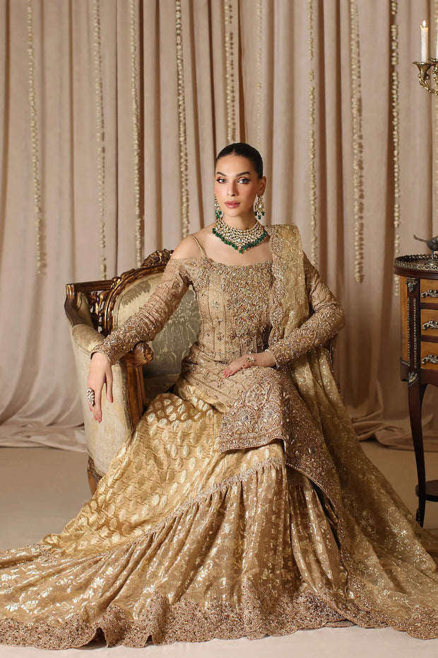 Royal Pakistani Bridal Dress in Gold Kameez Gharara Style