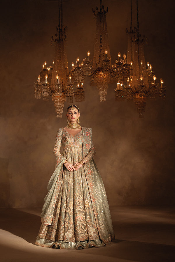 Royal Pakistani Bridal Dress in Gown Lehenga Dupatta Style