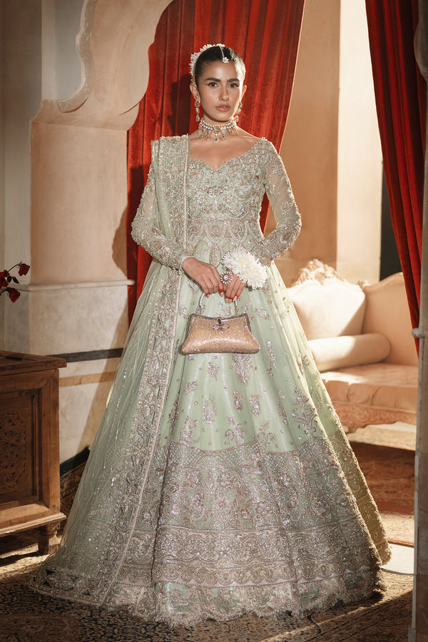 Royal Pakistani Bridal Dress in Green Lehenga Gown Style