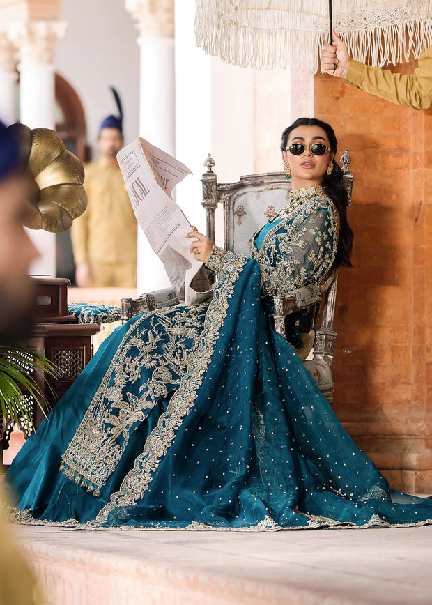 Royal Pakistani Bridal Dress in Open Gown Blue Lehenga Style