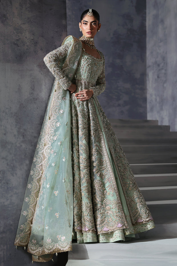 Royal Pakistani Bridal Dress in Open Gown and Lehenga Style