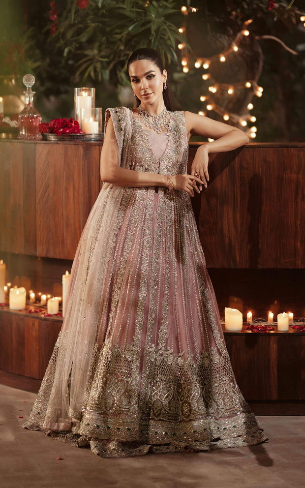 Royal Pakistani Bridal Dress in Pink Open Gown Lehenga Style