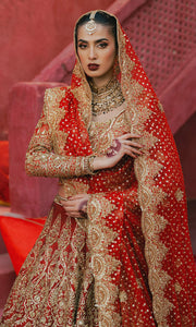 Royal Pakistani Bridal Dress in Red Choli and Lehenga Style