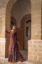 Royal Pakistani Bridal Dress in Red Lehenga and Kameez Style