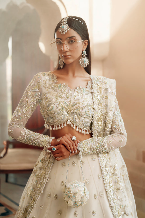 Royal Pakistani Bridal Dress in White Choli and Lehenga Style