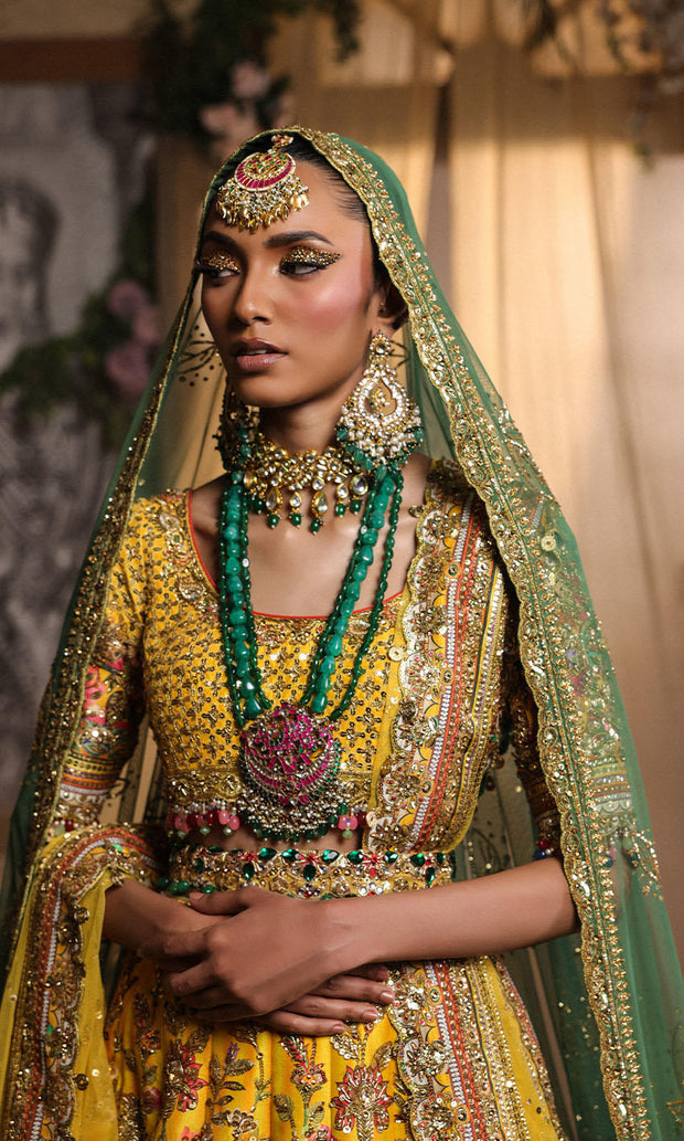 Royal Pakistani Bridal Dress in Yellow Lehenga Choli Style