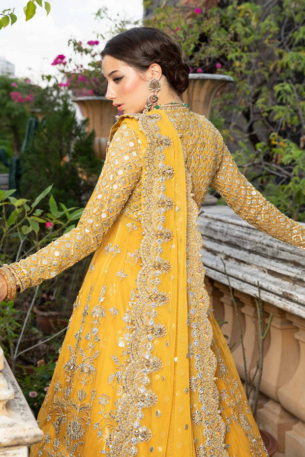 Royal Pakistani Bridal Mehndi Dress in Angrakha Lehenga Style