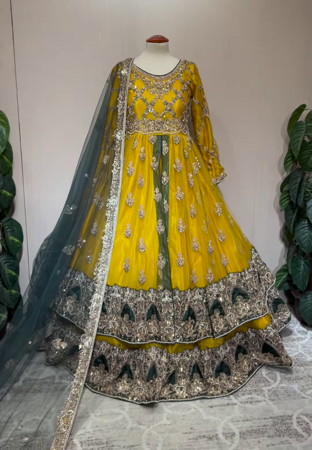 Royal Pakistani Bridal Mehndi Dress in Frock Lehenga Style