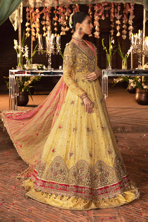 Royal Pakistani Bridal Outfit in Yellow Frock Lehenga Style