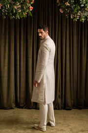 Royal Pakistani Groom Dress in Off-white Open Sherwani Style