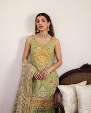 Royal Pakistani Wedding Dress in Parrot Green Sharara Style