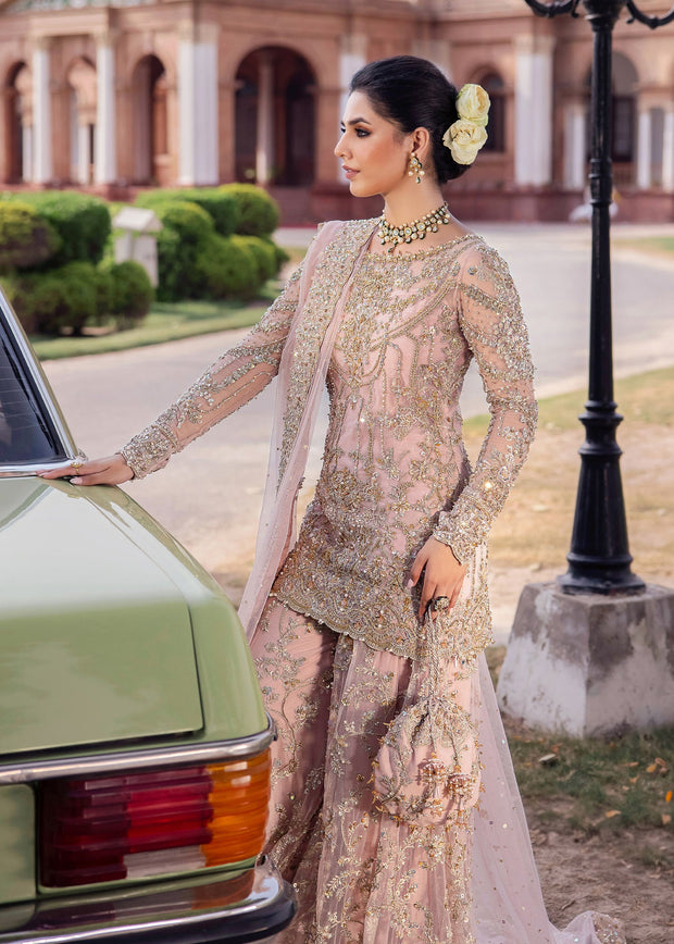 Royal Pakistani Wedding Dress in Pink Sharara Shirt Style