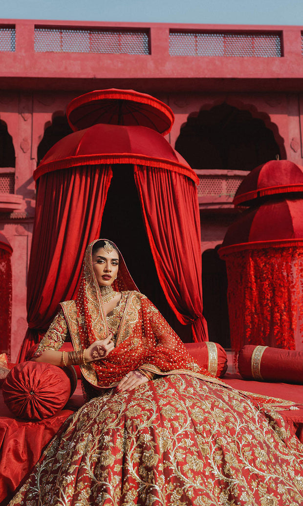 Royal Pakistani Wedding Dress in Red Choli and Lehenga Style