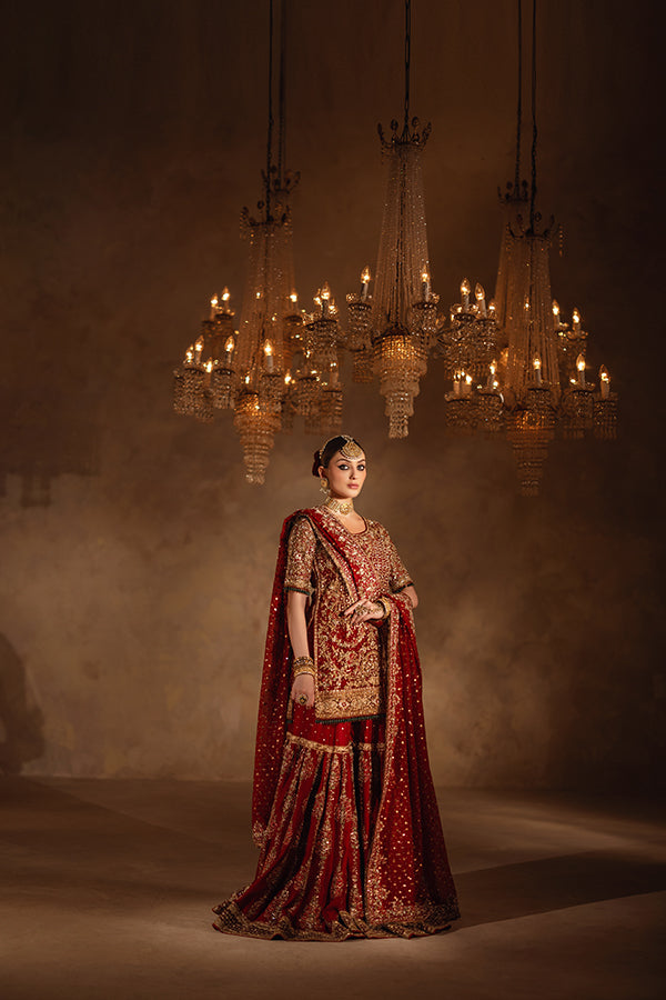 Royal Red Pakistani Bridal Dress in Gharara and Kameez Style