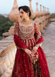 Royal Red Pakistani Bridal Dress in Lehenga and Pishwas Style