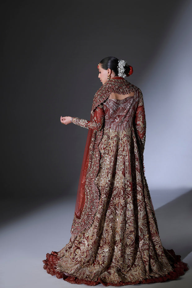 Royal Red Pakistani Bridal Dress in Open Gown Lehenga Style