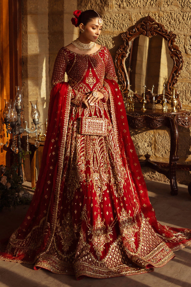 Royal Red Pakistani Bridal Outfit in Lehenga Choli Style