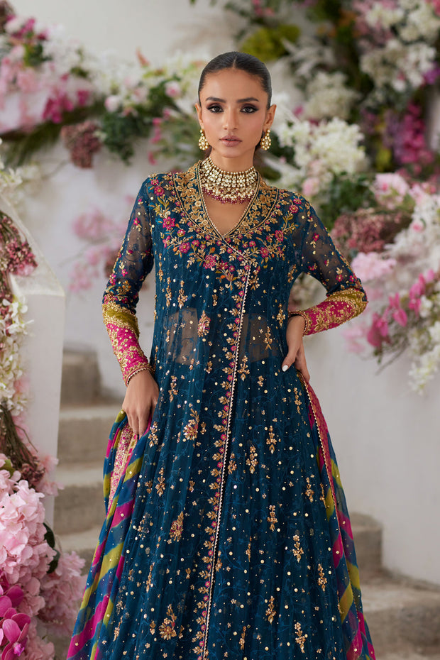 Royal Teal Blue Angrakha and Lehenga Pakistani Wedding Dress