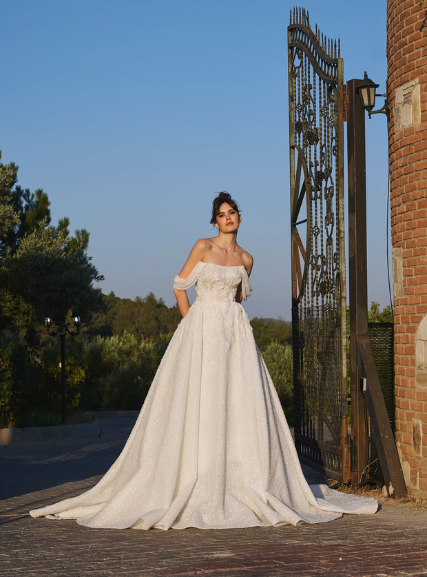 Shimmering Lace Bridal Gown with Florals Off Shoulder Neckline