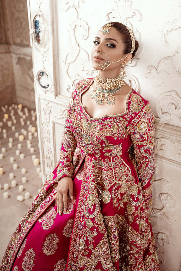 Shocking Pink Embroidered Pakistani Bridal Pishwas Lehenga Dupatta