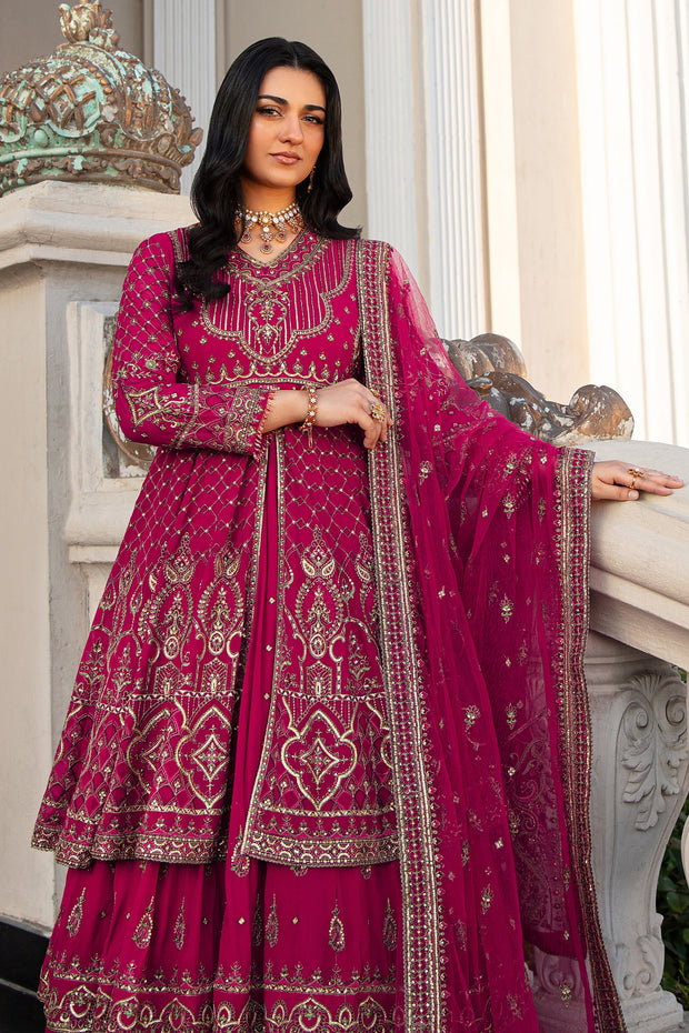 Shocking Pink Pakistani Wedding Double Layered Frock with Lehenga