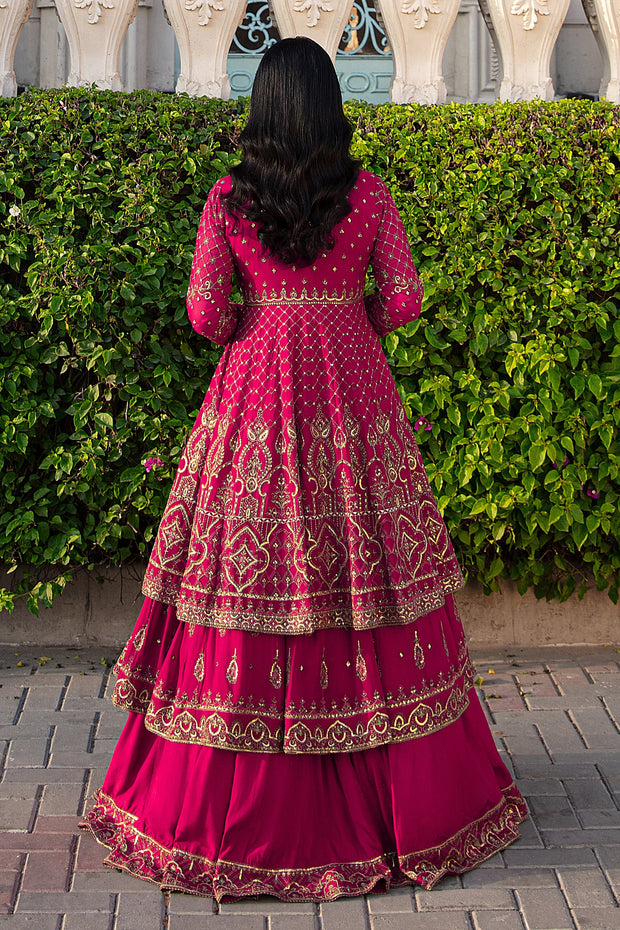 Shocking Pink Pakistani Wedding Dress Double Frock with Lehenga