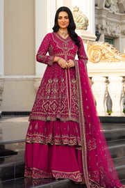 Shocking Pink Pakistani Wedding Dress Double Layered Frock with Lehenga