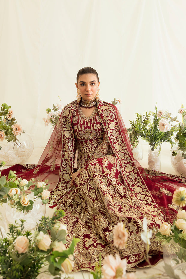 Shop Maroon Heavily Embellished Pakistani Wedding Dress in Pishwas Style