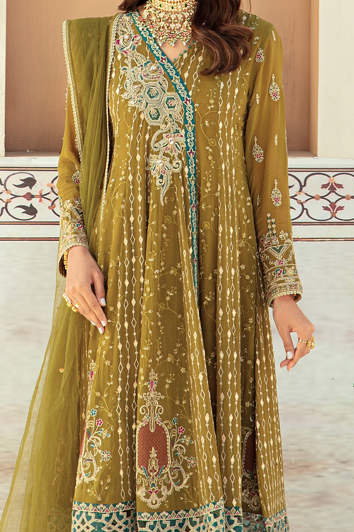 Olive Green Pakistani Wedding Dress Pishwas Frock Style Nameera By Farooq 