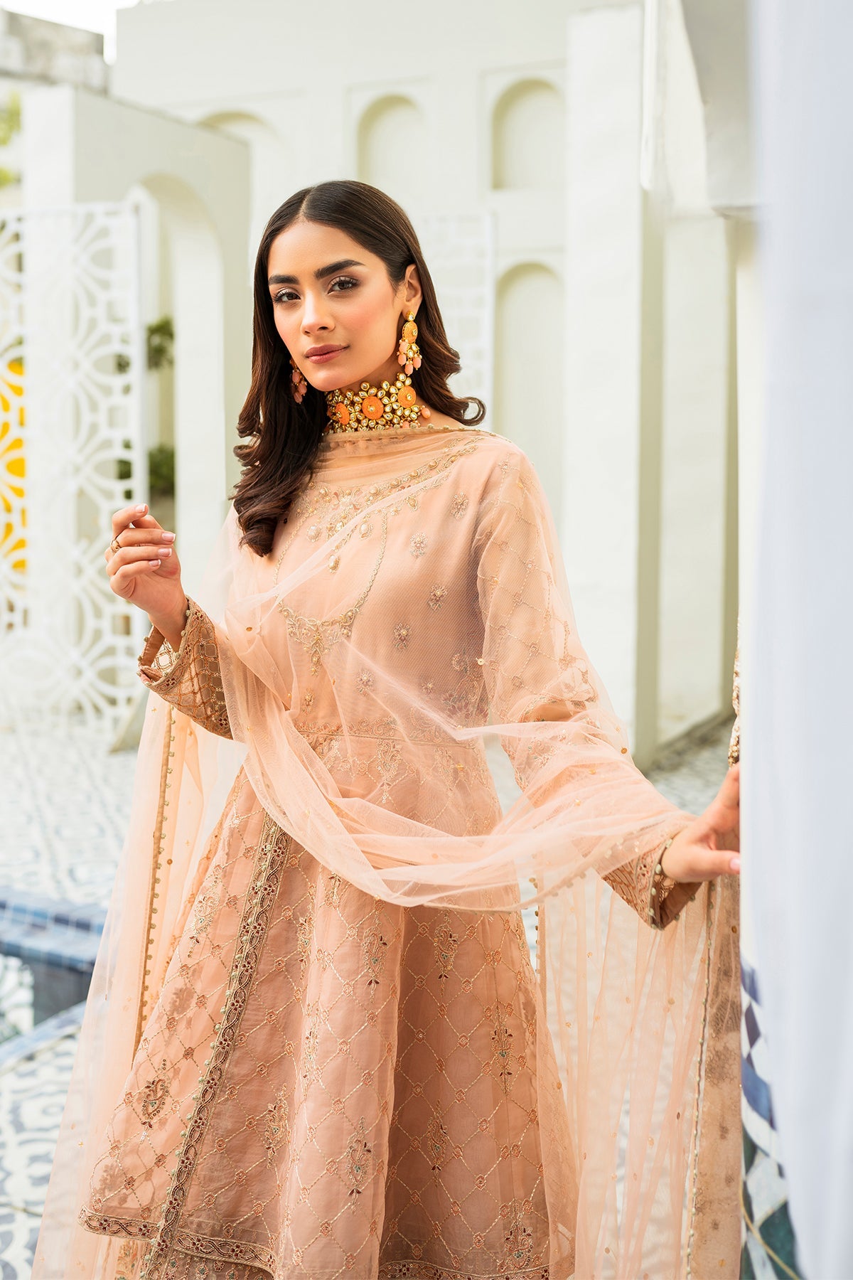 Luxury Peach Double Layered Pishwas Pakistani Wedding Dress Nameera By Farooq 7047