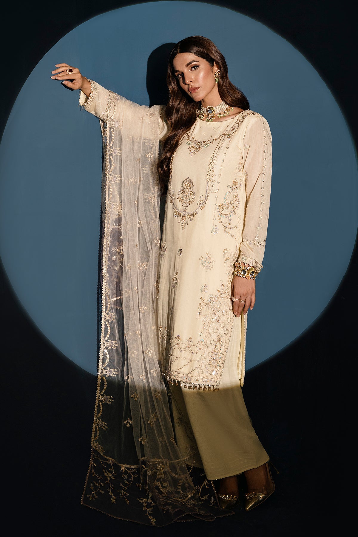 Pearl White Embroidered Pakistani Salwar Kameez Dupatta – Nameera By Farooq