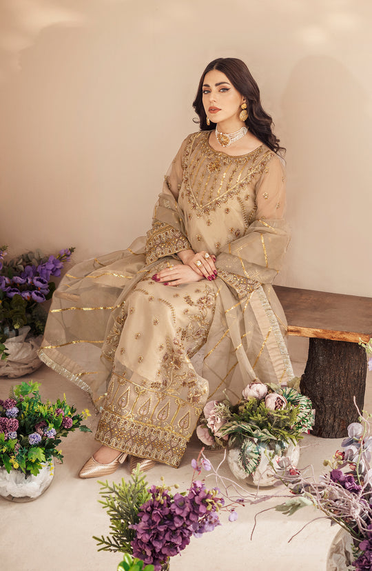 Shop Regal Golden Heavily Embellished Pakistani Kameez Wedding Dress